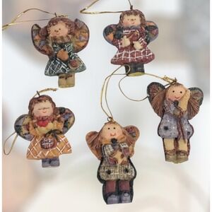 Vintage The Beachcombers Intl Mini Calico Angel Christmas Ornaments Lot (5) 2.5"